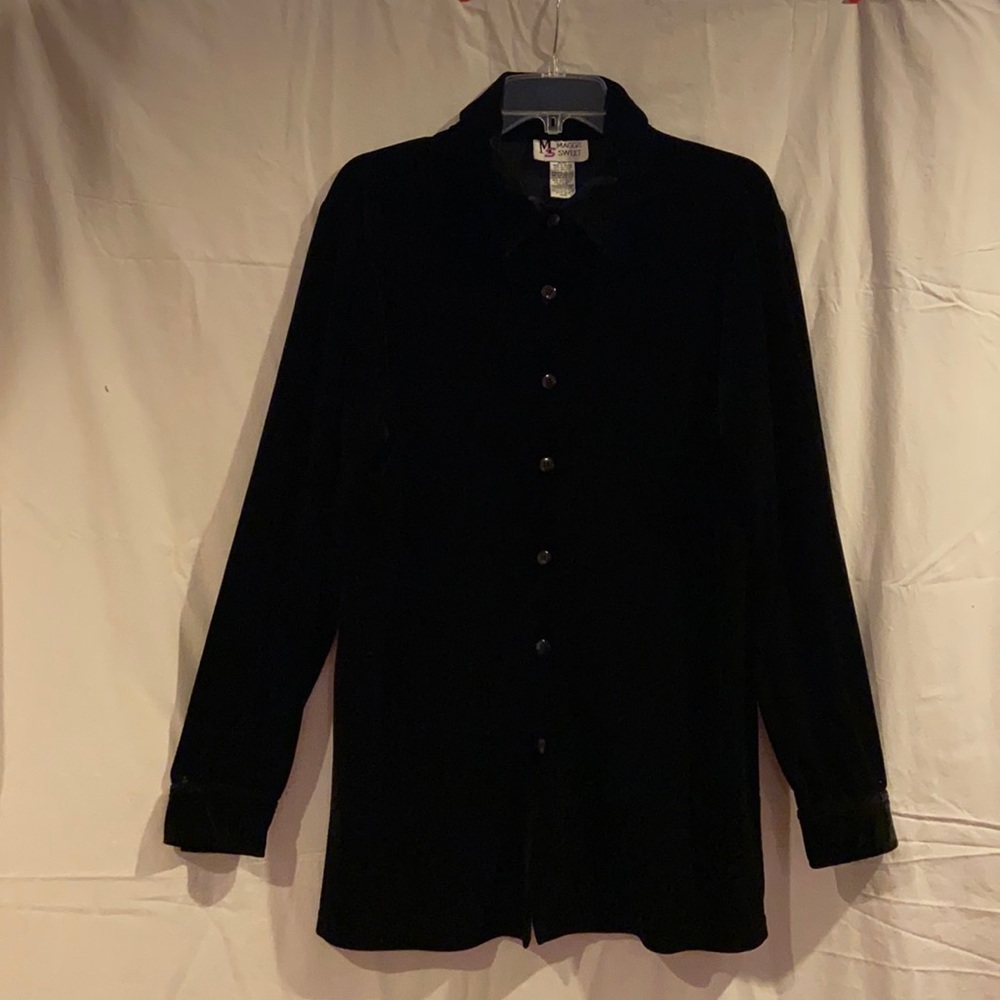 Maggie Sweet Big Shirt, black velvet, large, button up blouse shirt.